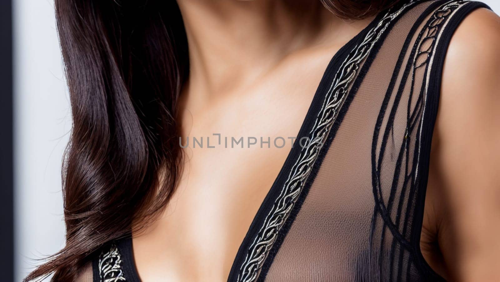 Brunette woman with cleavage and transparent clothes in black color. by XabiDonostia