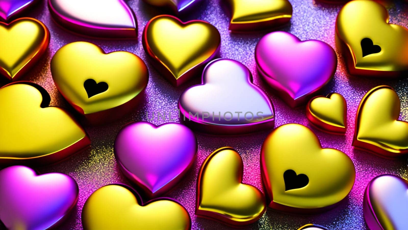 Cheerful big shiny hearts in gold and violet. Generative AI.