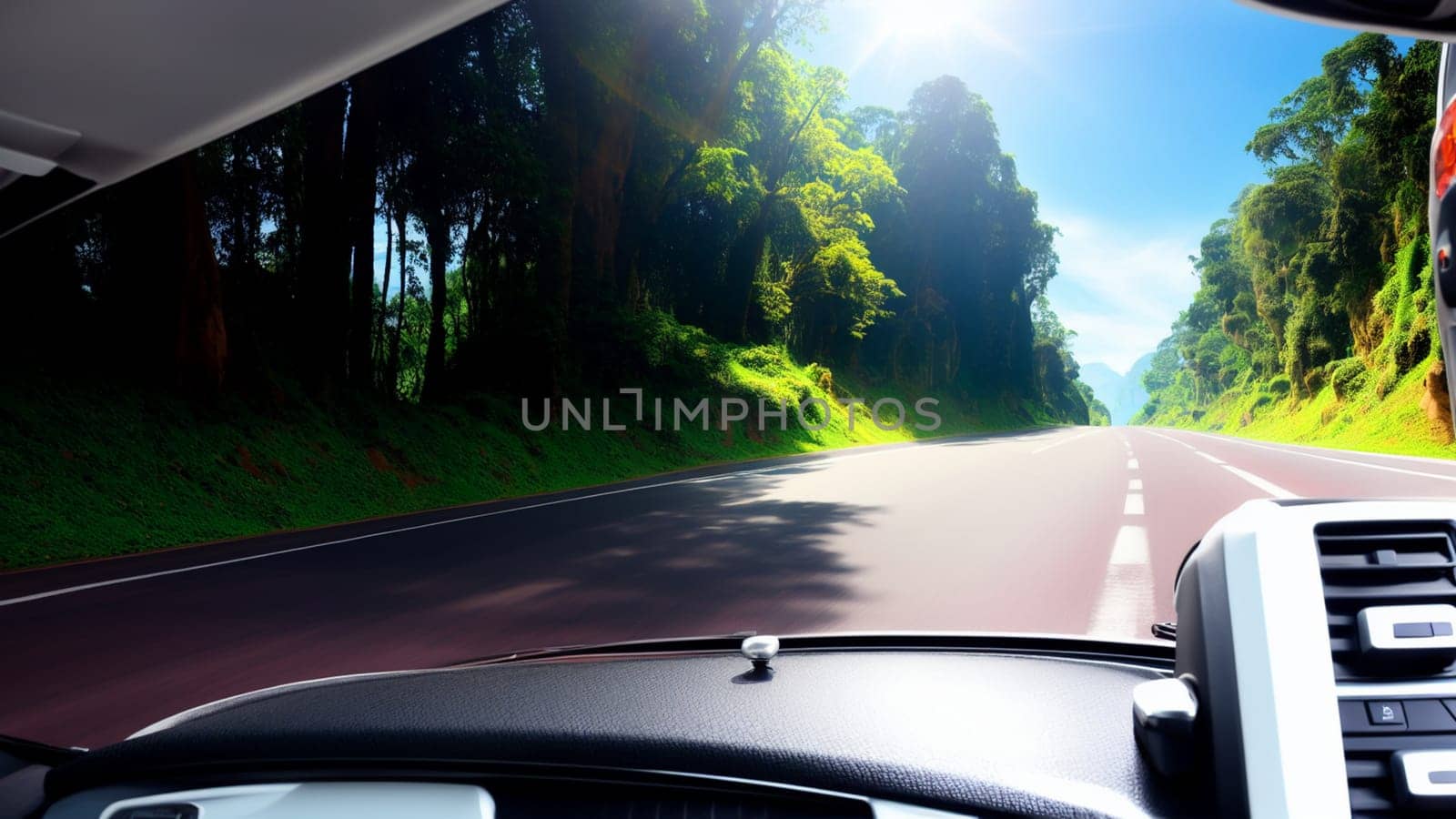 Interior of a vehicle on the road in concept of a tourist trip. by XabiDonostia