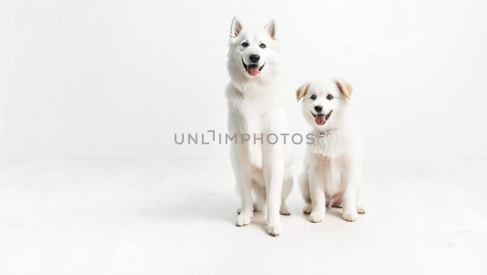 Pair of beautiful white dogs, adult and a small pup. Generative AI.