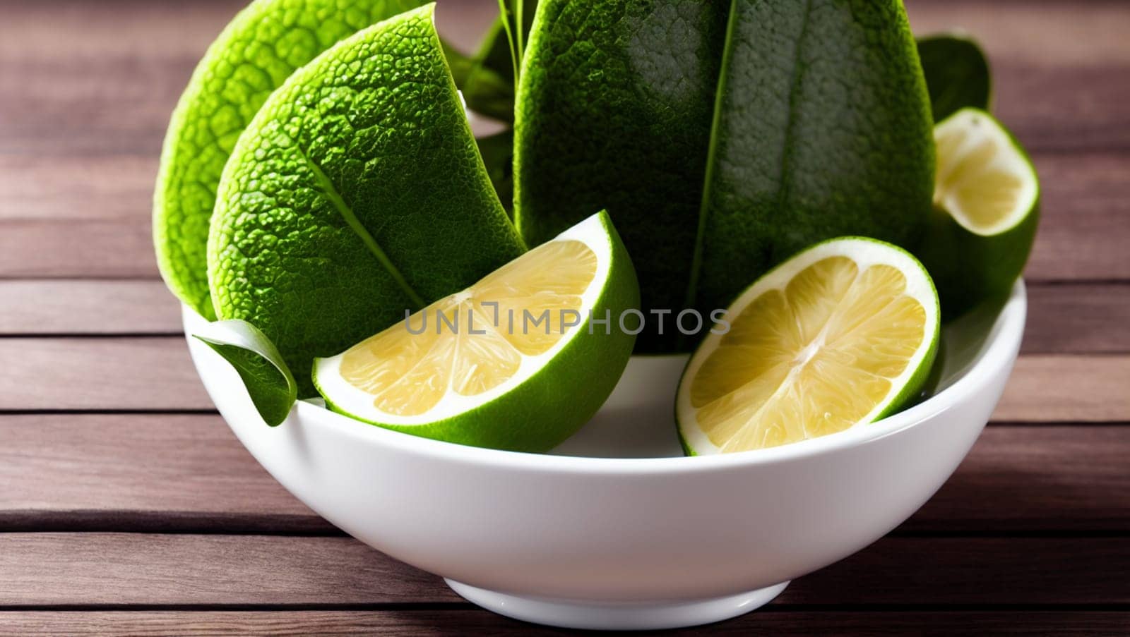 Detail of a bowl with green and yellow lemon lime fruit on a wooden table. by XabiDonostia