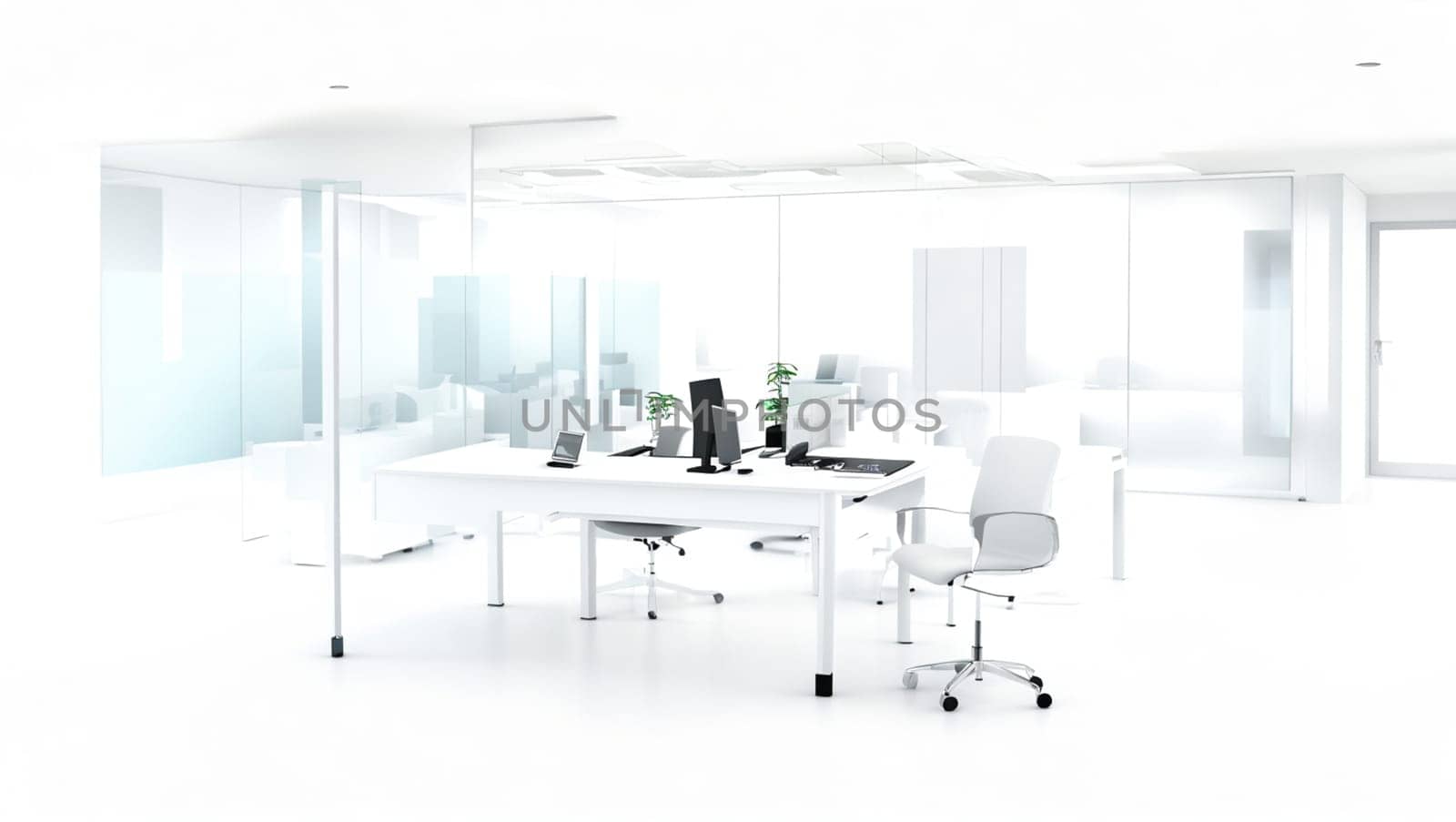 Modern office with glass doors and work table with computer and decorative plants. by XabiDonostia