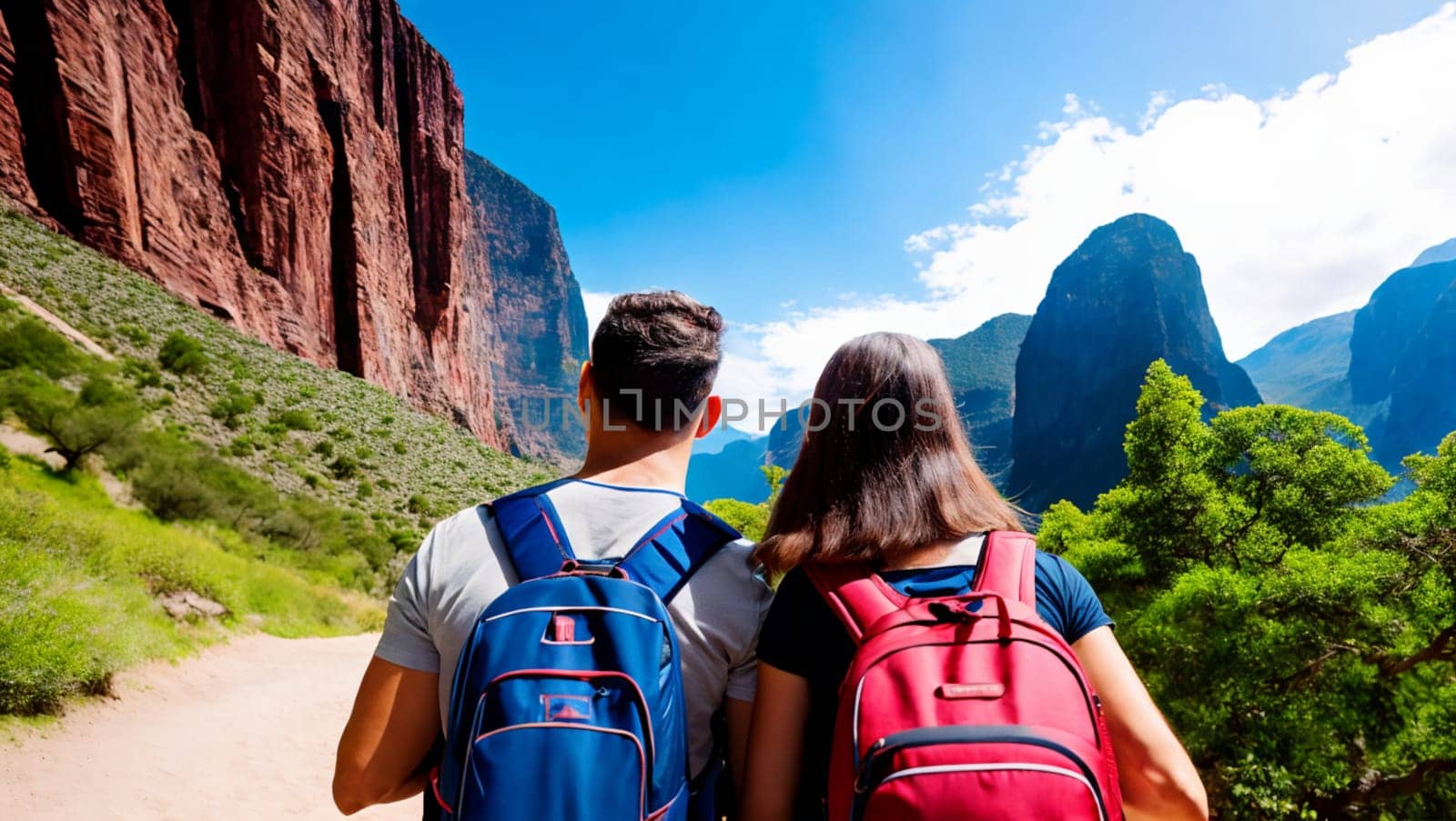 Young couple with rickshaws traveling on a natural mountain road. Generative AI.