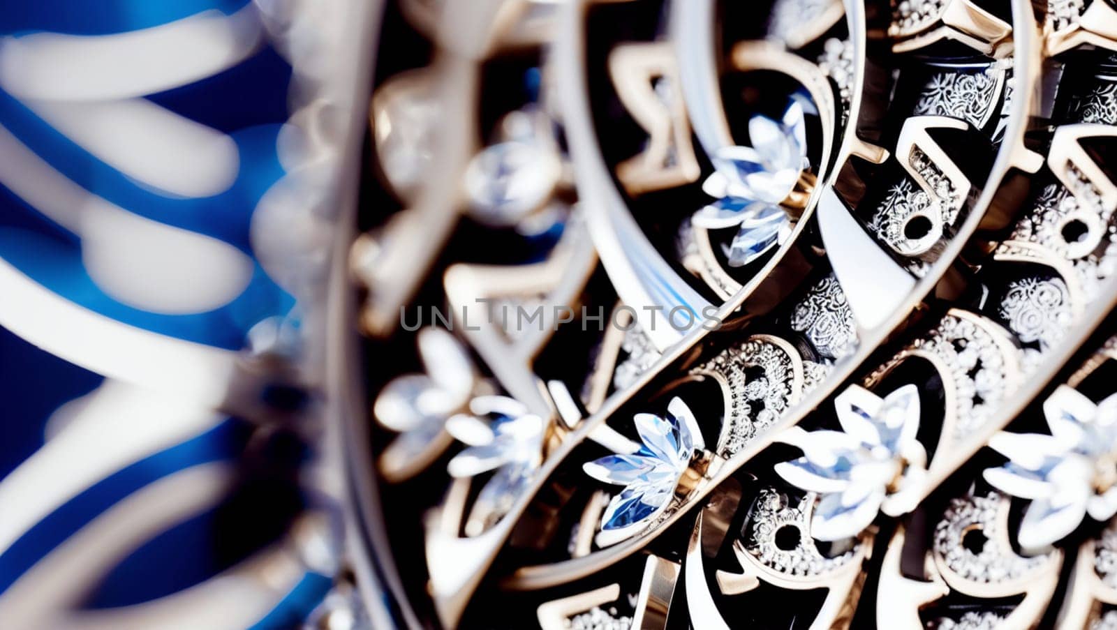 Beautiful silver decorative background with blue crystal flowers. by XabiDonostia