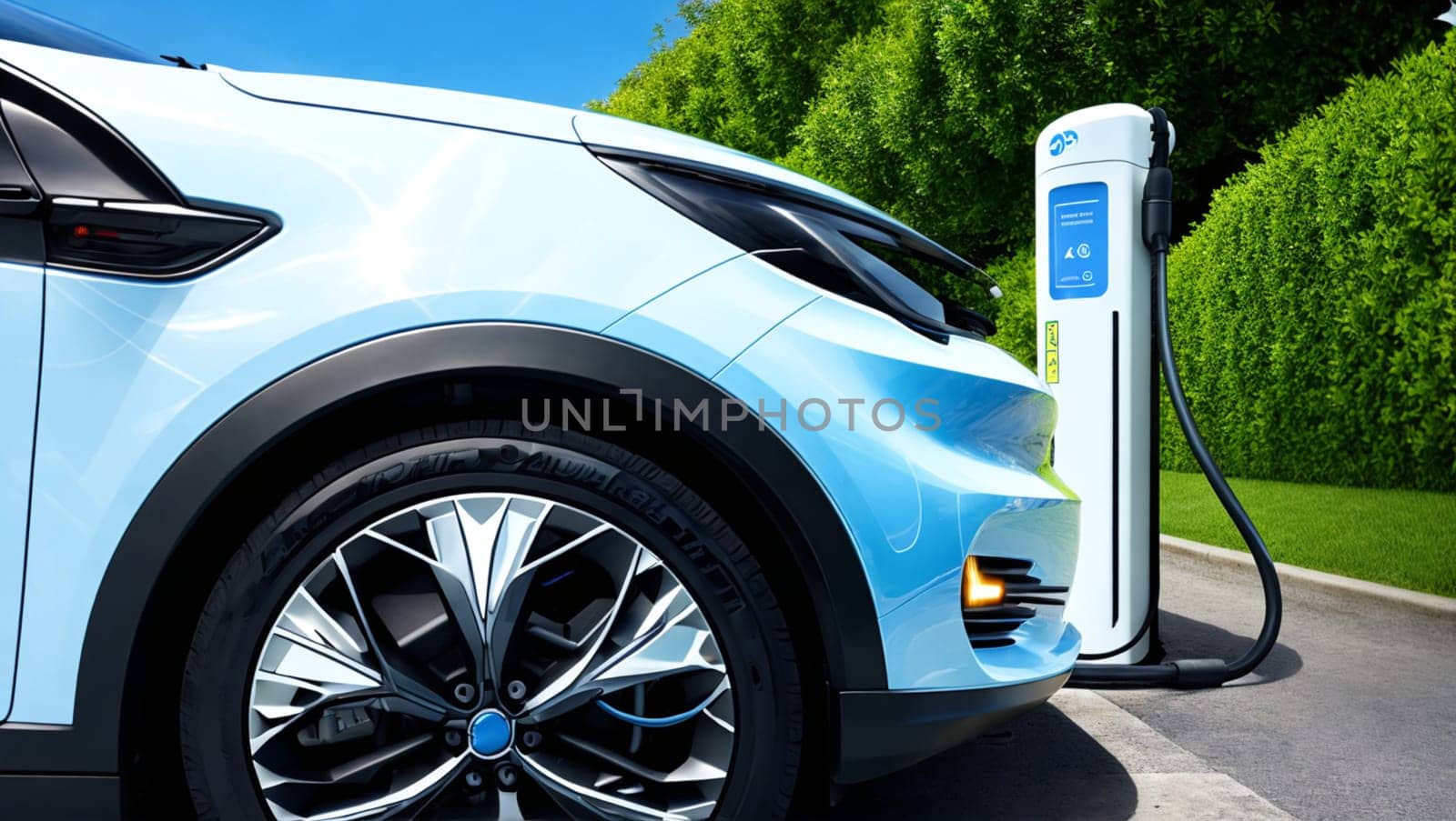 Electric vehicle charging the battery, plug-in car charging. Generative AI.