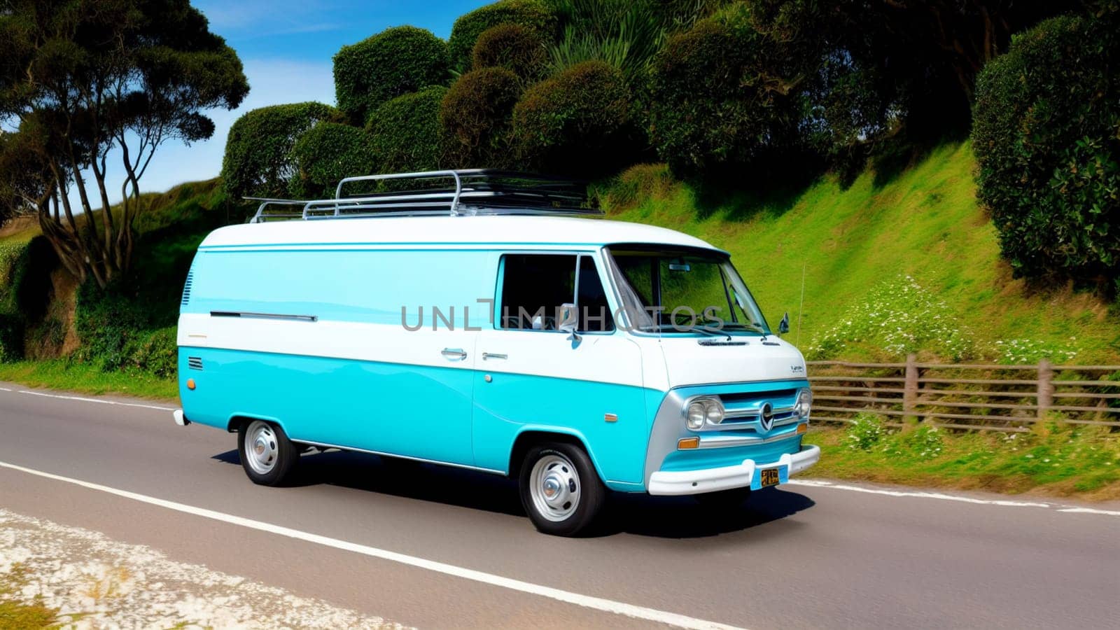 Vintage blue and white tourist van traveling on a highway. Generative AI.