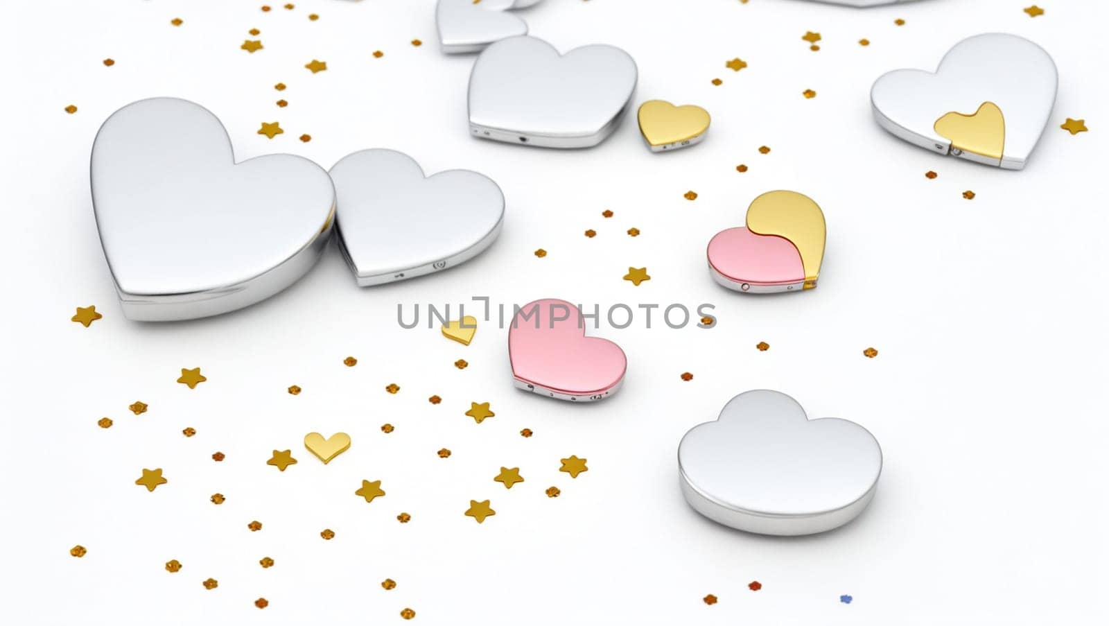 Nice background with cheerful silver, pink and gold shiny hearts. by XabiDonostia