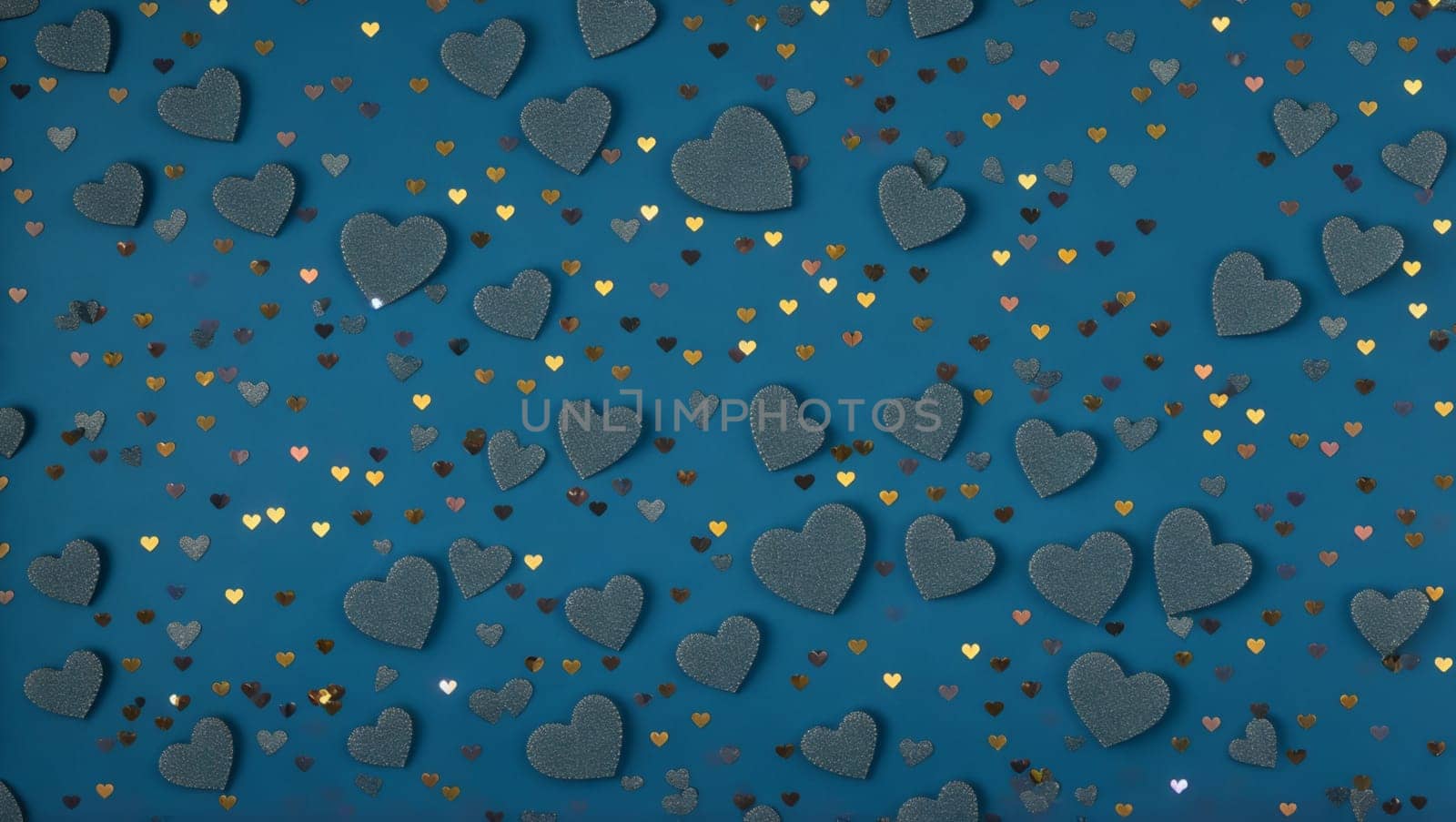 Nice background with cheerful green textured hearts, small golden shiny hearts with blue background. Generative AI.