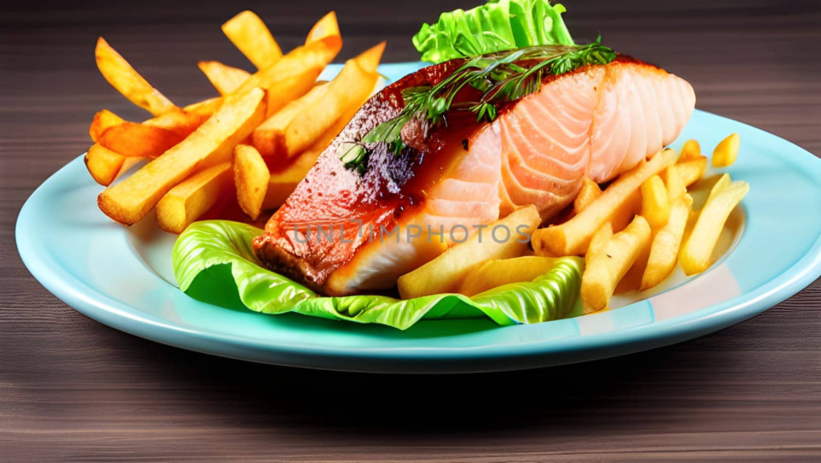 Menu of the day plate with salmon fish with french fries and lettuce. Generative AI.