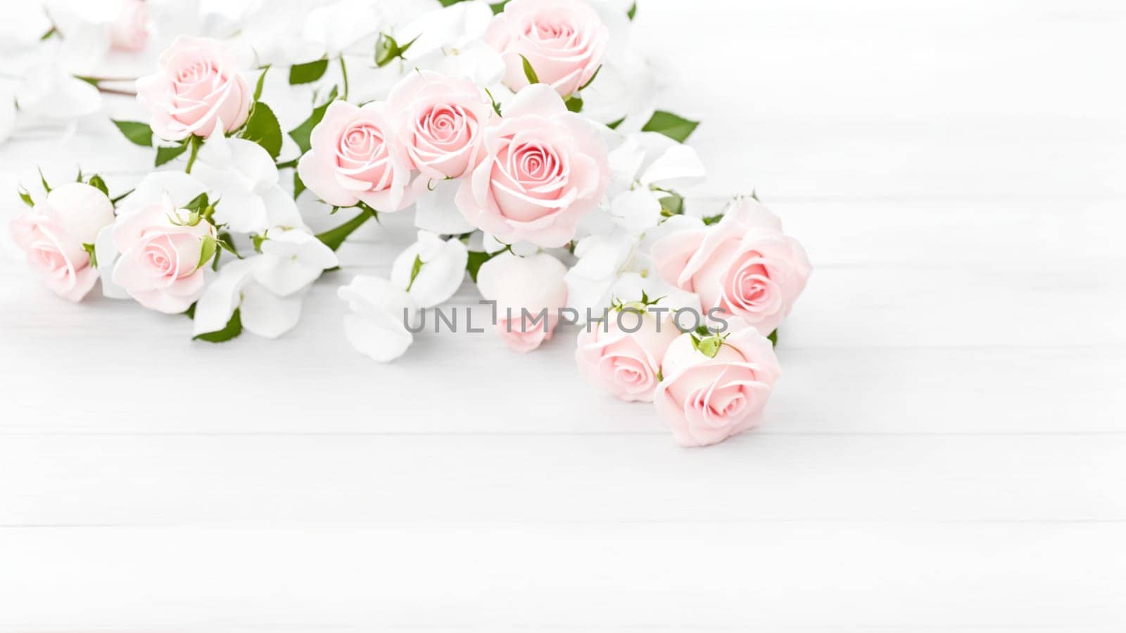 Pretty background with roses on a white wooden table. Generative AI.