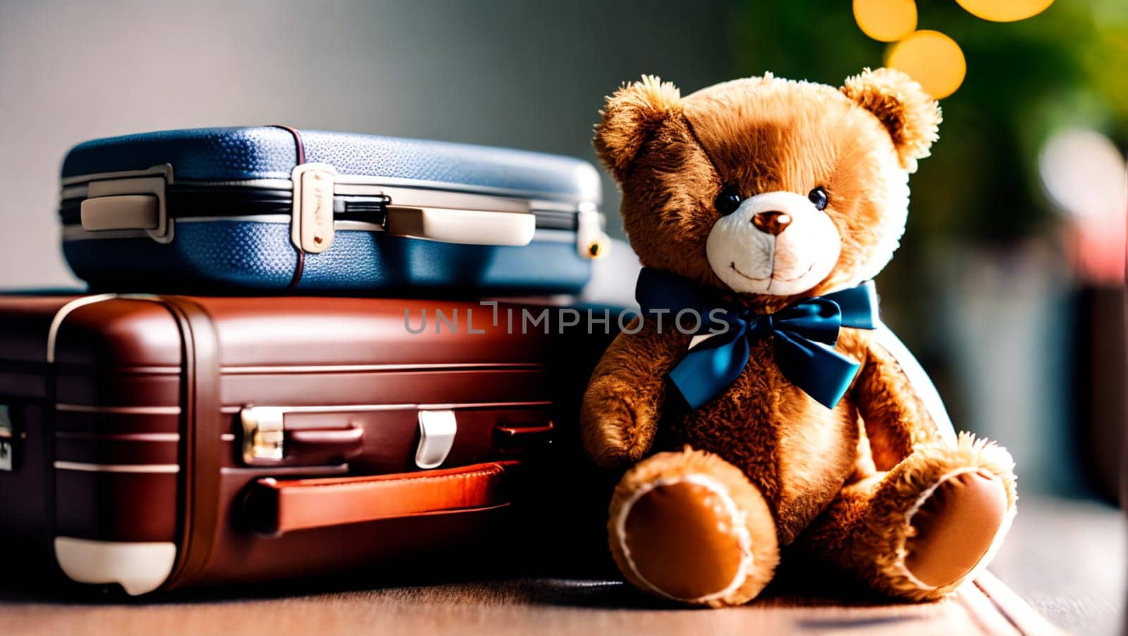 Brown teddy bear with blue bow next to travel suitcases. Generative AI.