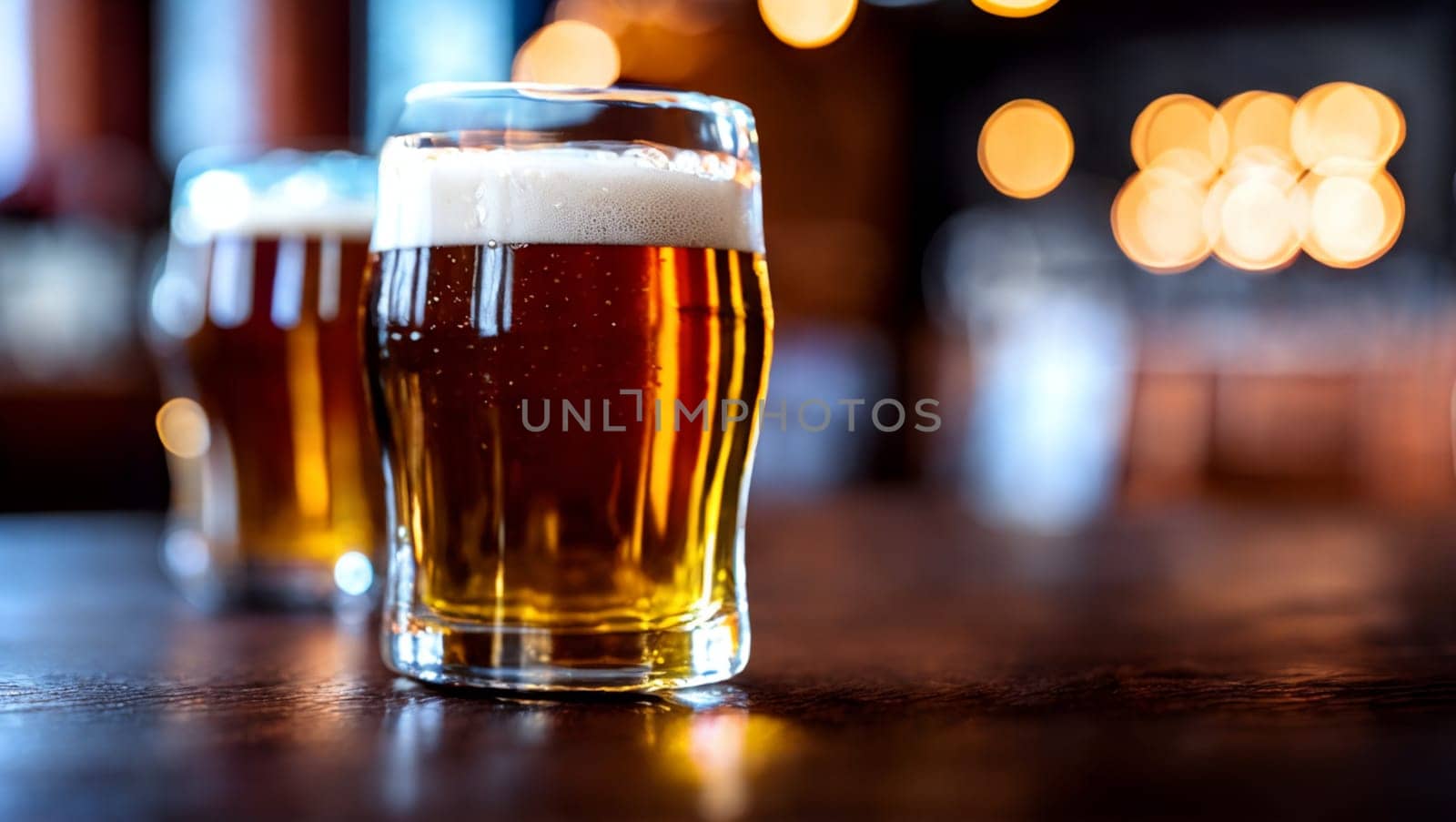 Glasses of beer with foam on the bar of a bar. Generative AI.