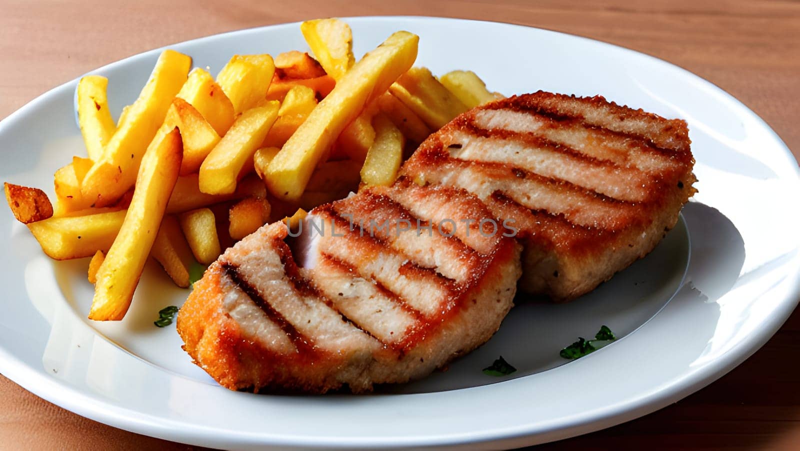 Prepared plate of grilled steaks and french fries. by XabiDonostia