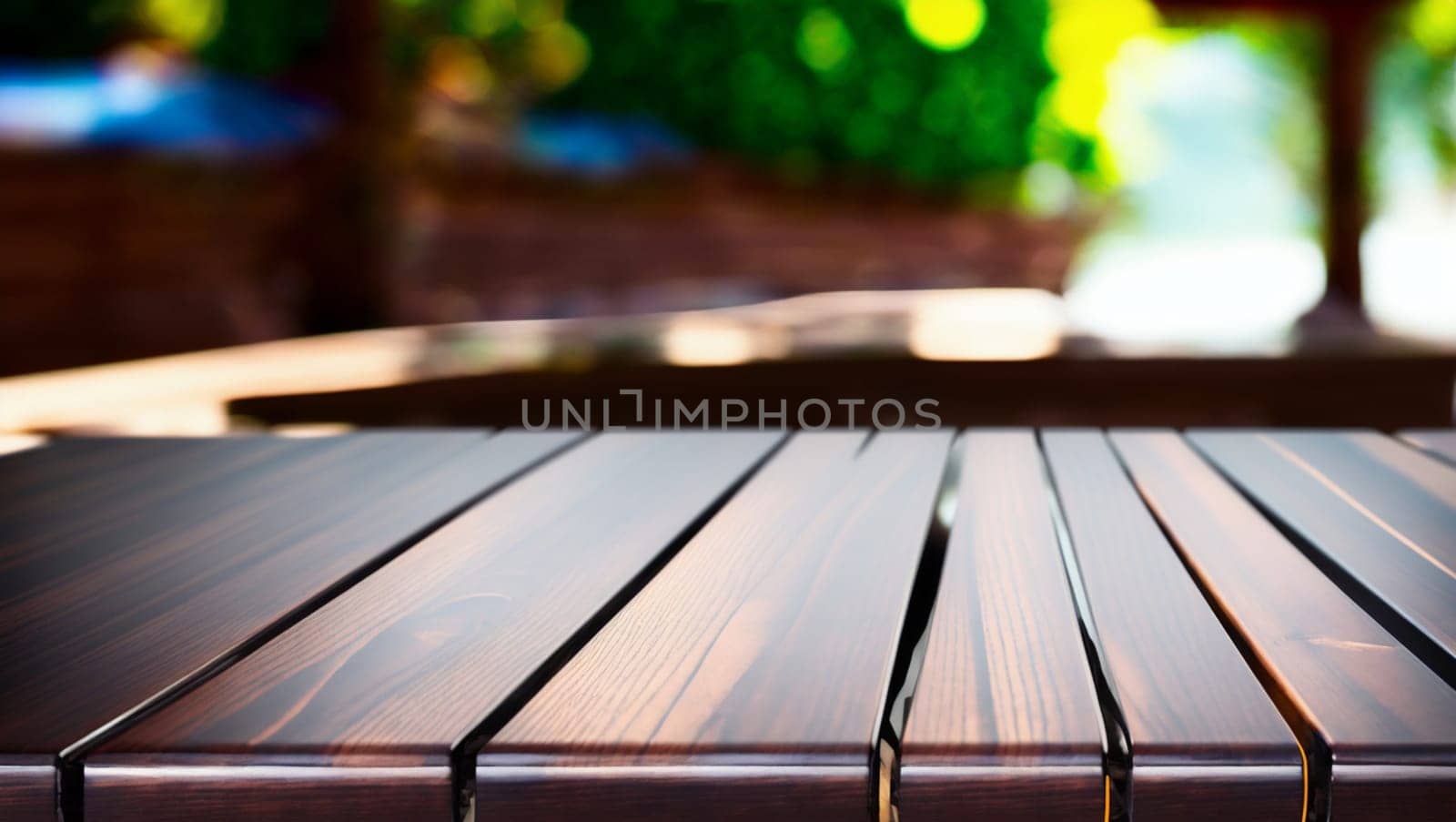 Elegant dark wood table on an outdoor terrace. Generative AI.