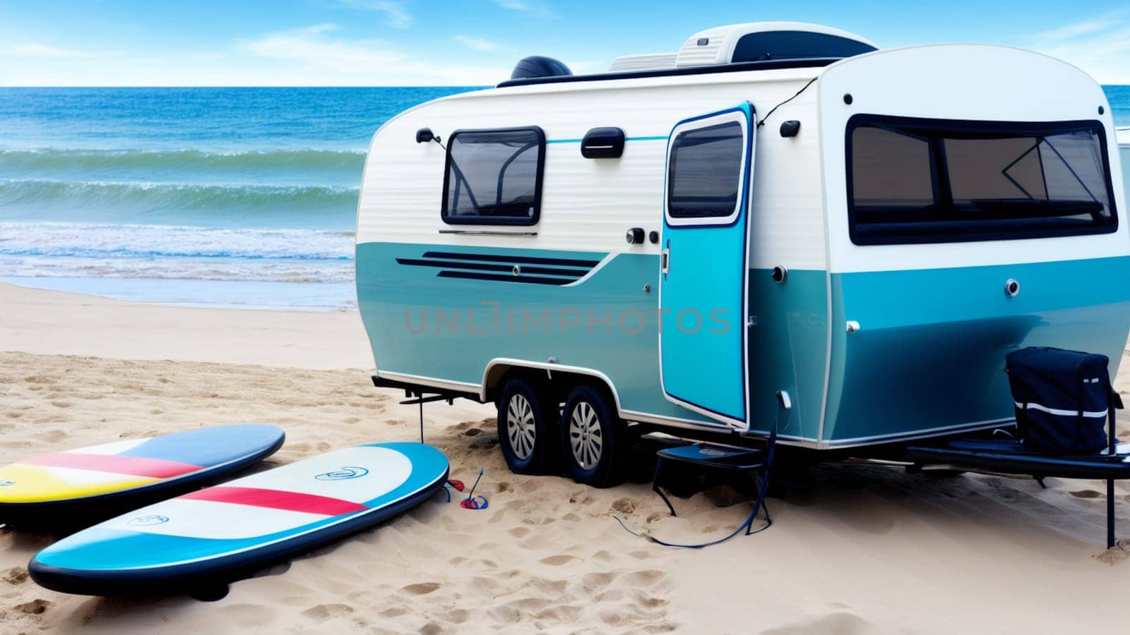 Rulot trailer caravan parked on the beach sand with surfboards. Generative AI.