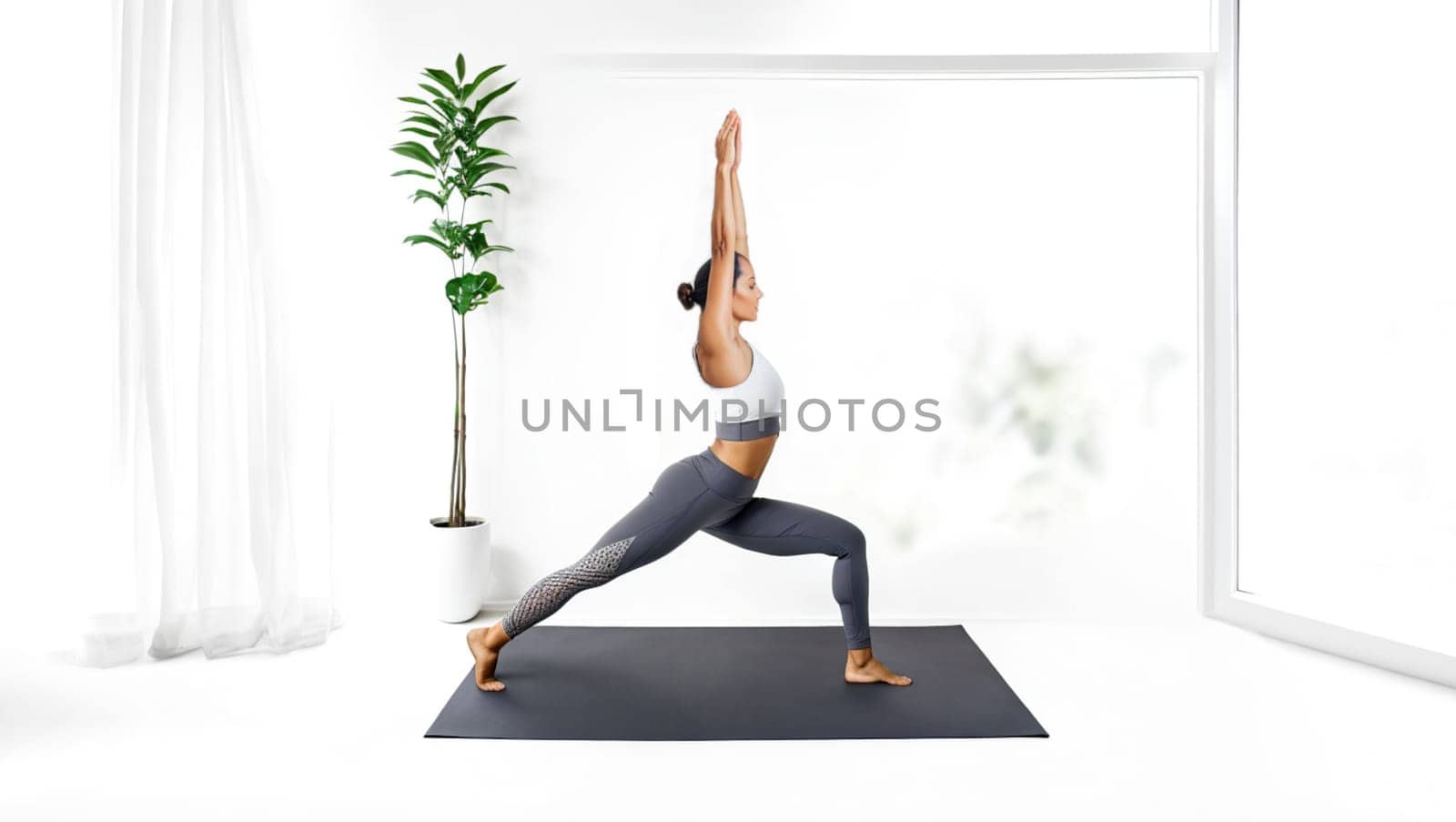 Woman practicing Yoga inside her house. Female Yoga, physical and spiritual practice with warrior posture. Generative AI.