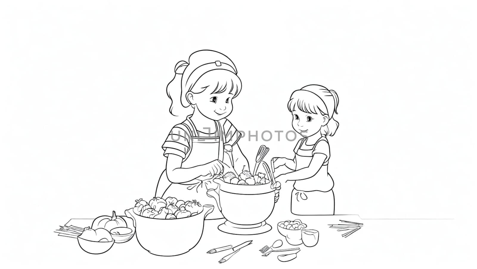 Drawing of a mother and her daughter cooking vegetables to color. Generative AI.