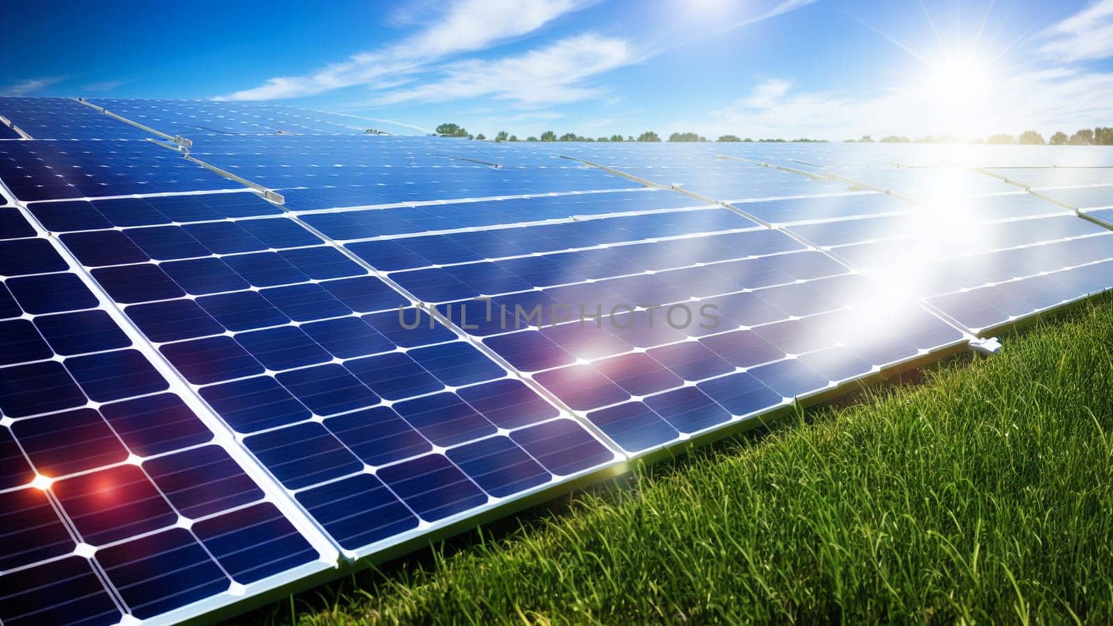 Close-up of solar panels of a solar power plant in the countryside with glints of the sun's rays. by XabiDonostia