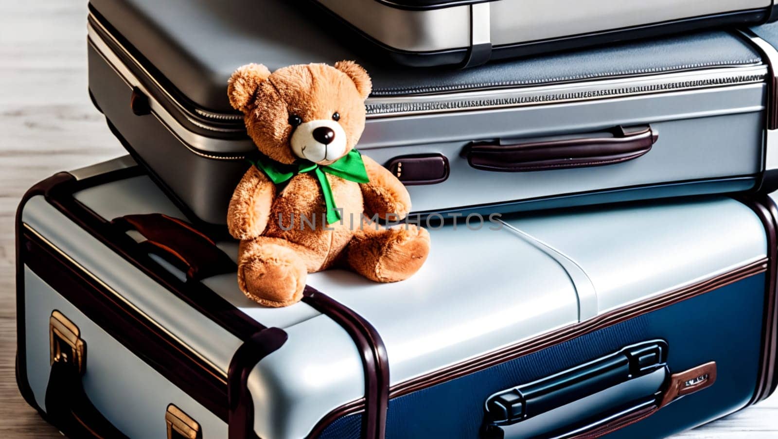 Brown teddy bear with green bow next to travel suitcases. Generative AI.