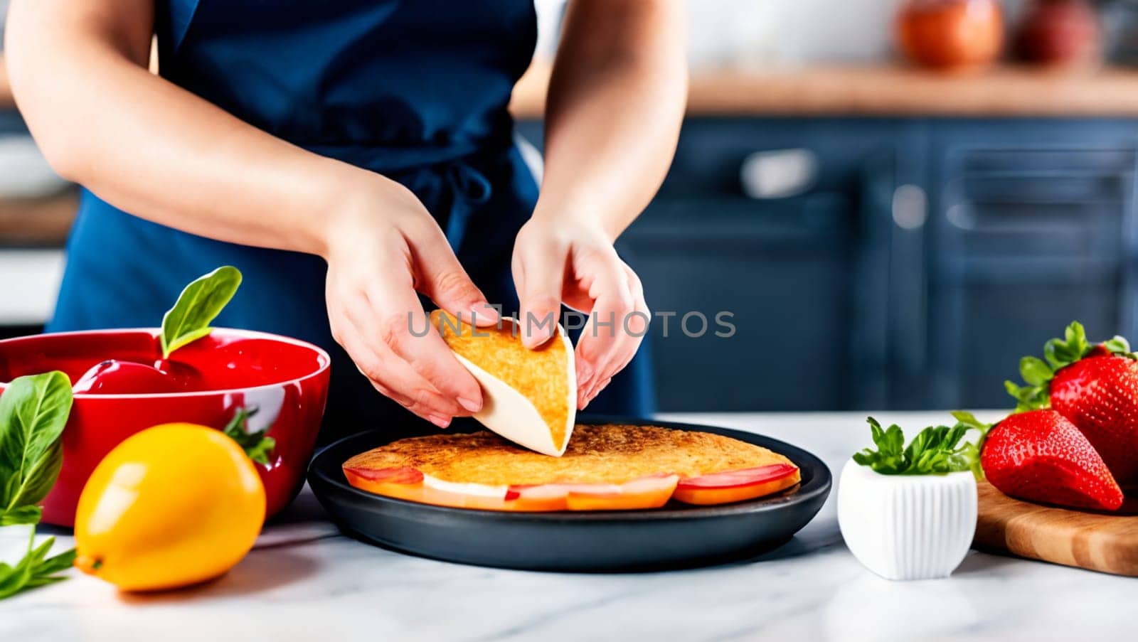 Woman cook preparing a plate of food in the kitchen. Generative AI.