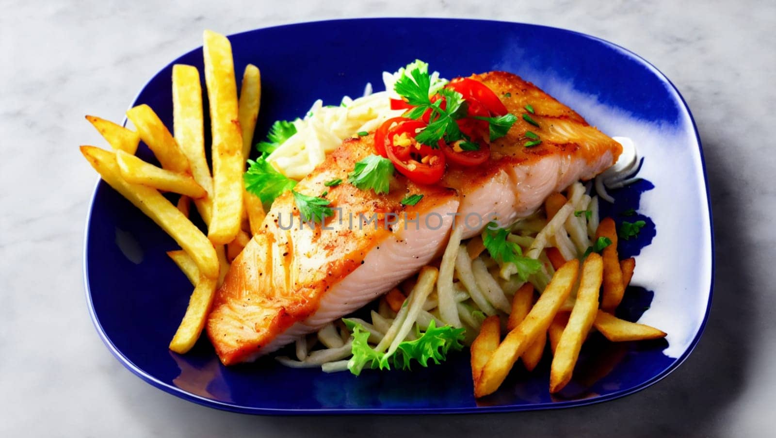 Menu of the day plate with salmon fish with french fries and lettuce. Generative AI.