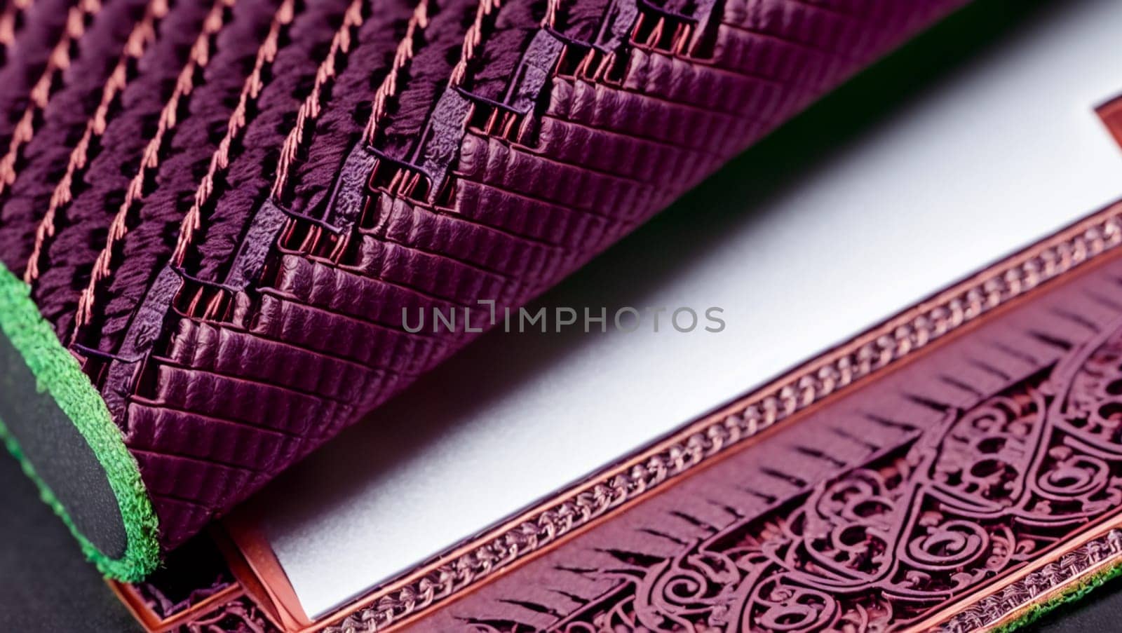 Quilted textile cover in purple tones and frame with highly detailed decorative ornaments. by XabiDonostia