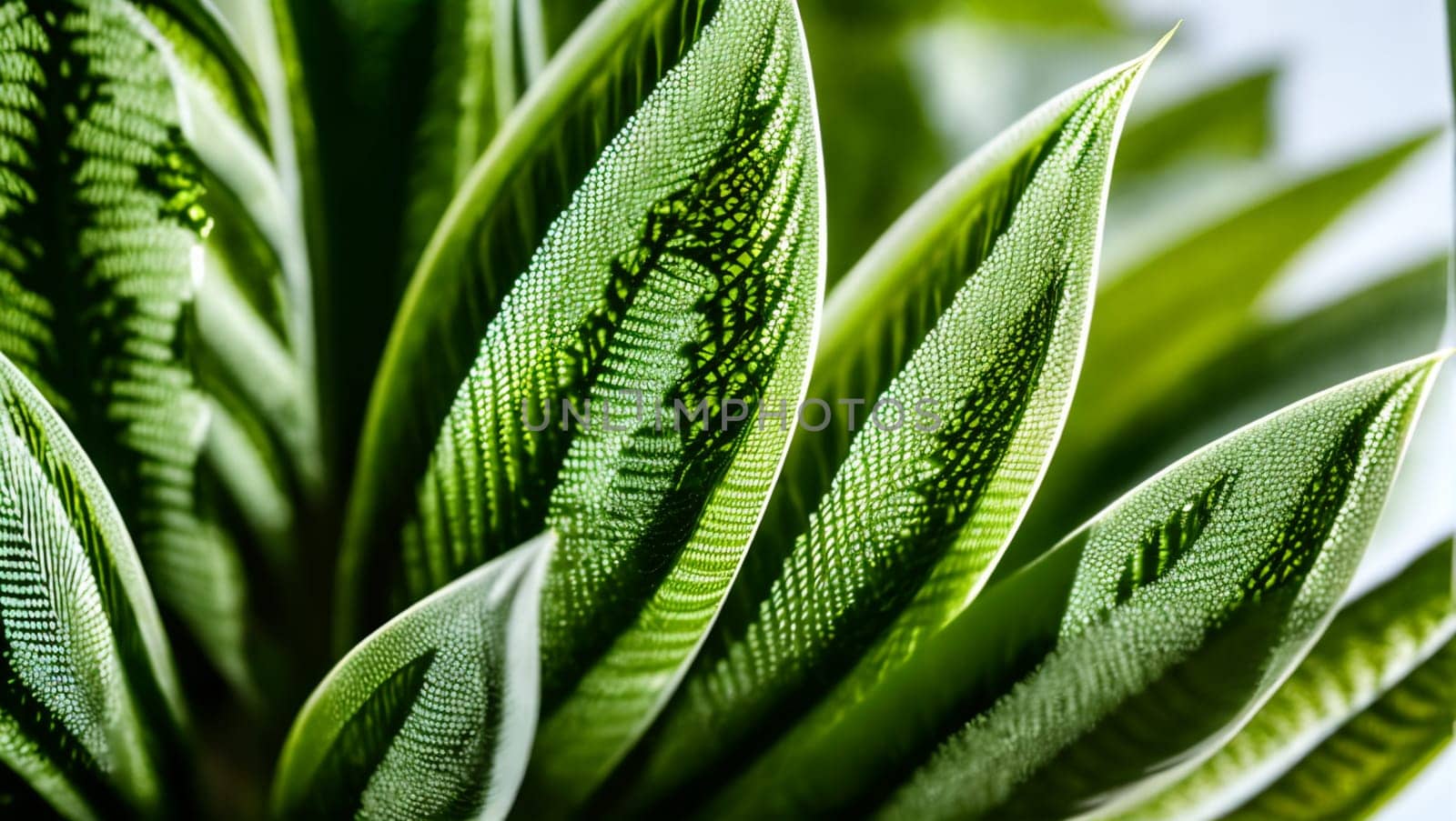 Decorative green leaves of a plant with white speckles. by XabiDonostia