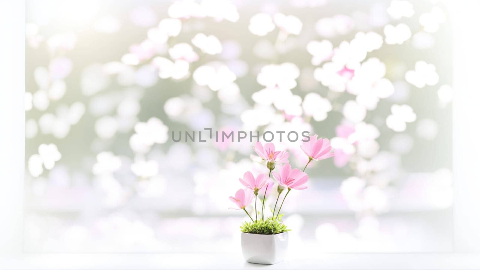 Window with glitter and reflections outside and a white flower pot with pink flowers. Generative AI.