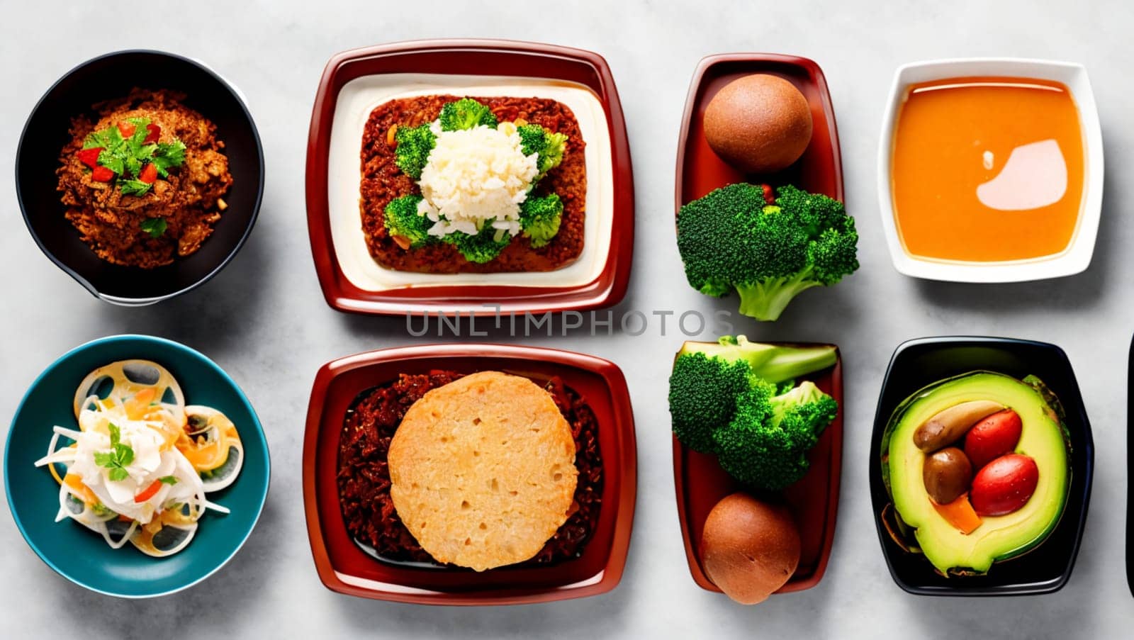 Variety of dishes with different types of food such as rice, broccoli, meat or vegetable sauce. Generative AI.