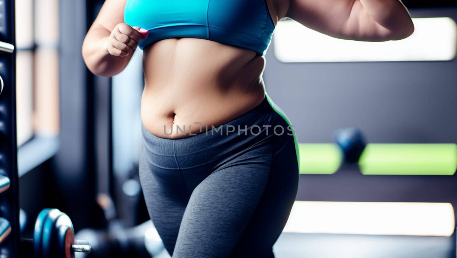 Overweight female athlete exercising at the gym. Generative AI.