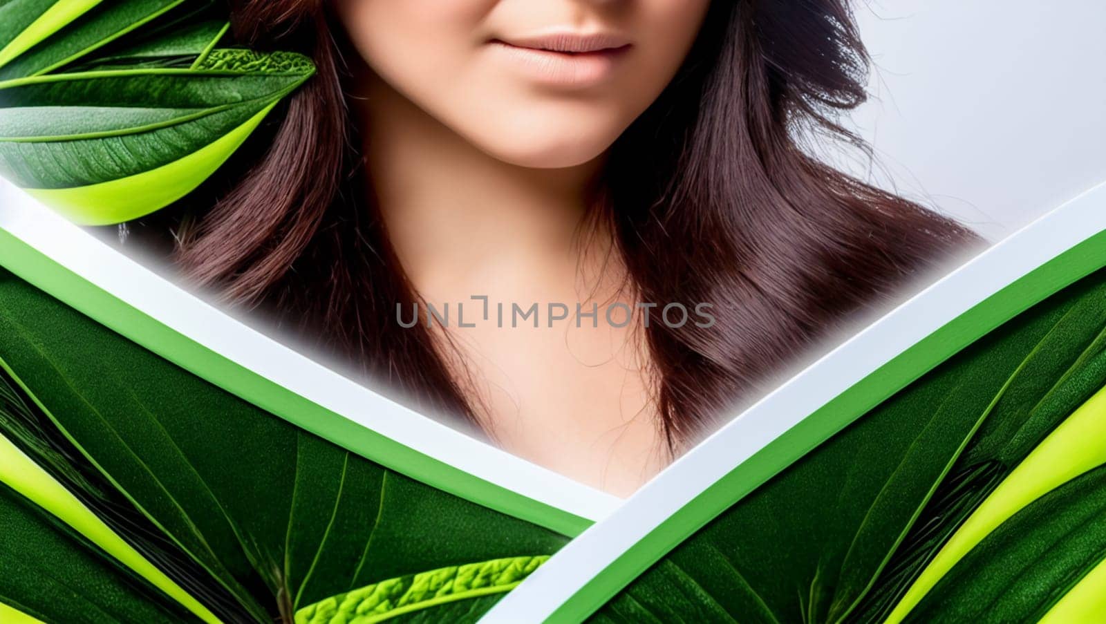 Beautiful brown-haired model with green leaves decoration. Generative AI.