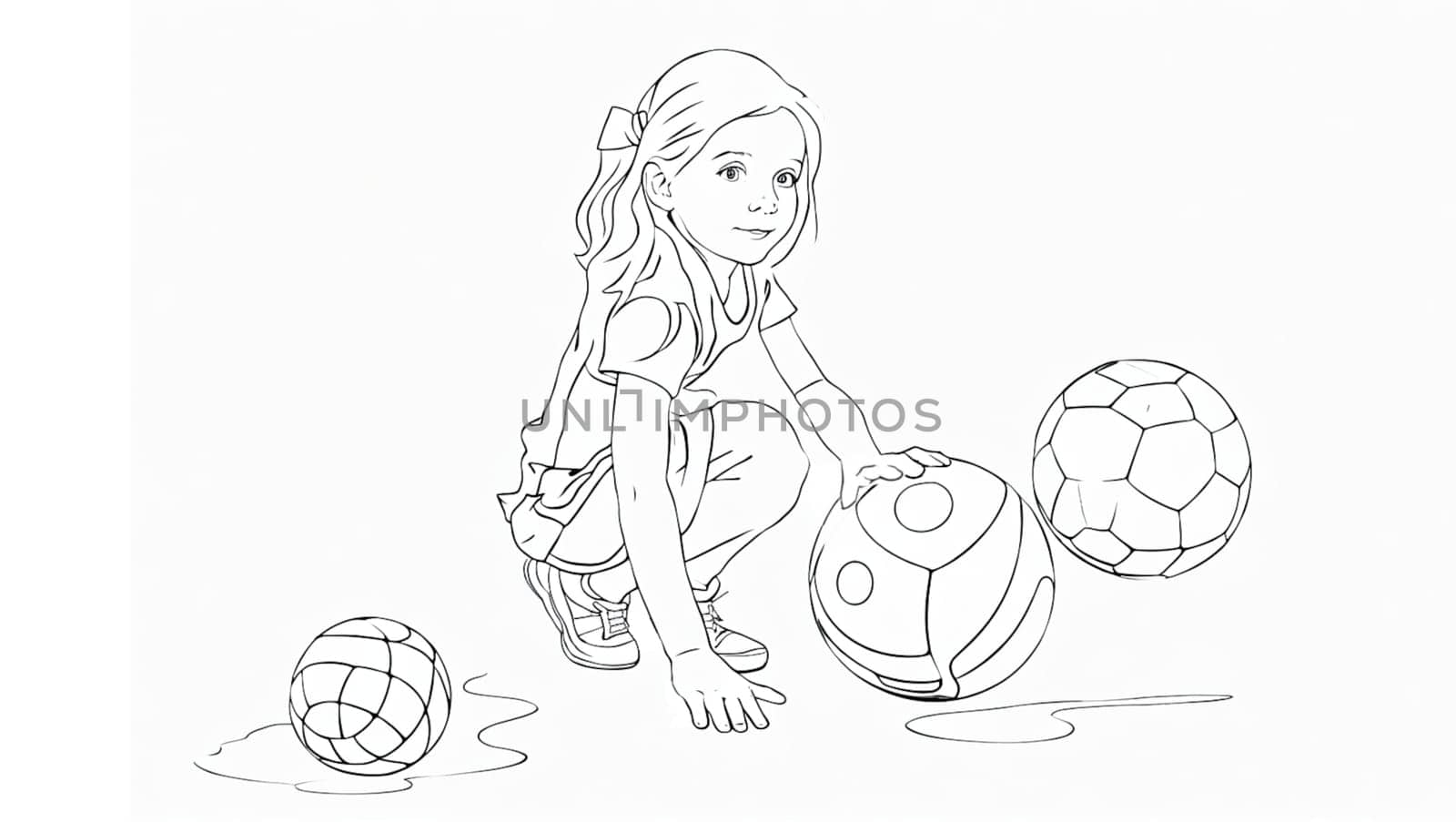 Drawing of a little girl with balls to color. Generative AI.