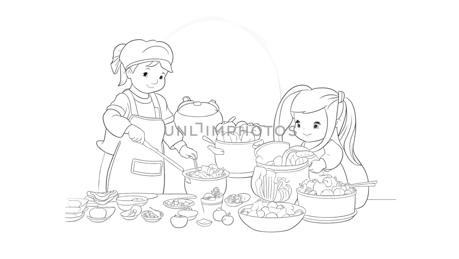 Drawing of a mother and her daughter cooking vegetables to color. Generative AI.