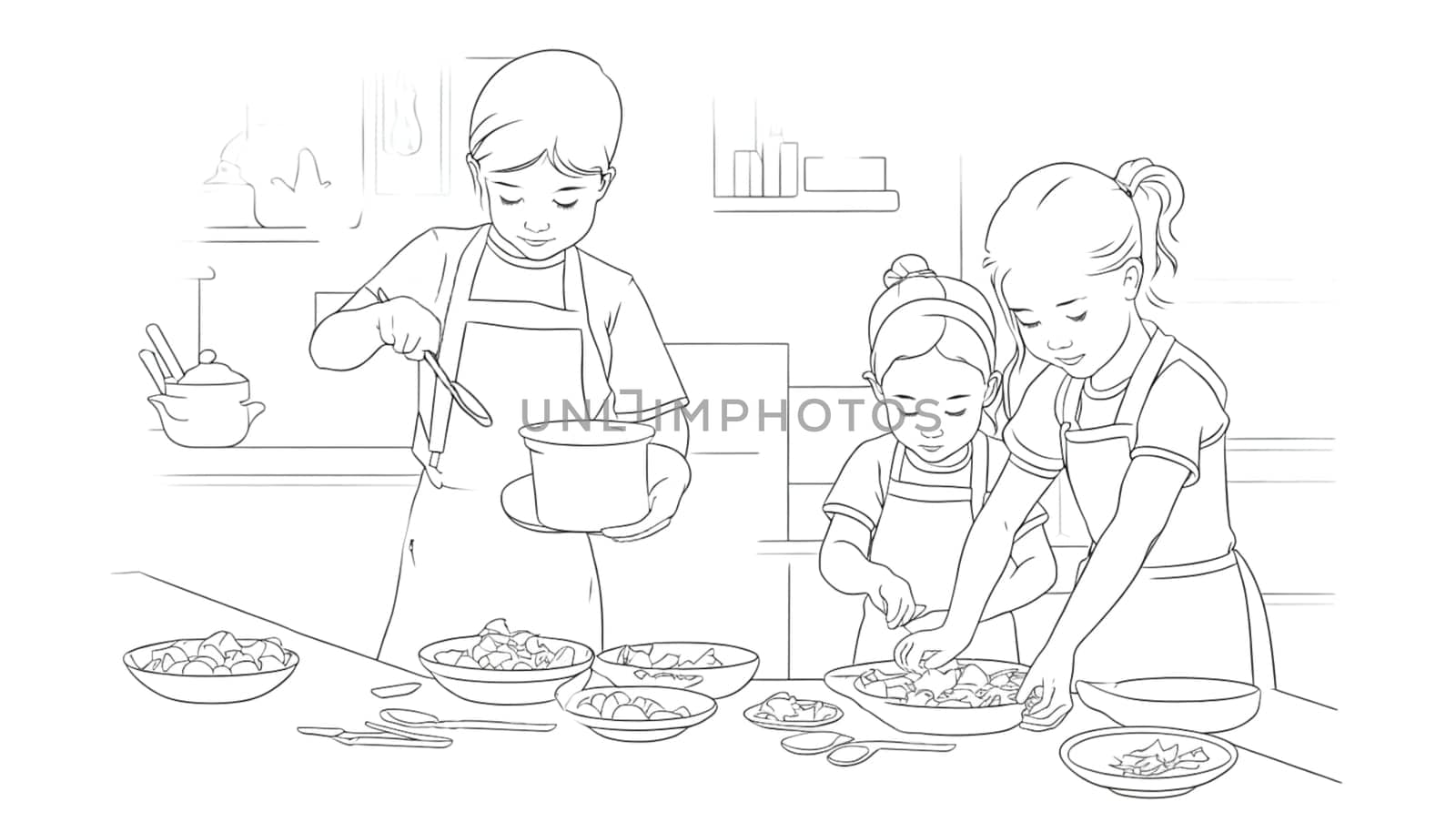 Drawing of three little children cooking to color. Generative AI.