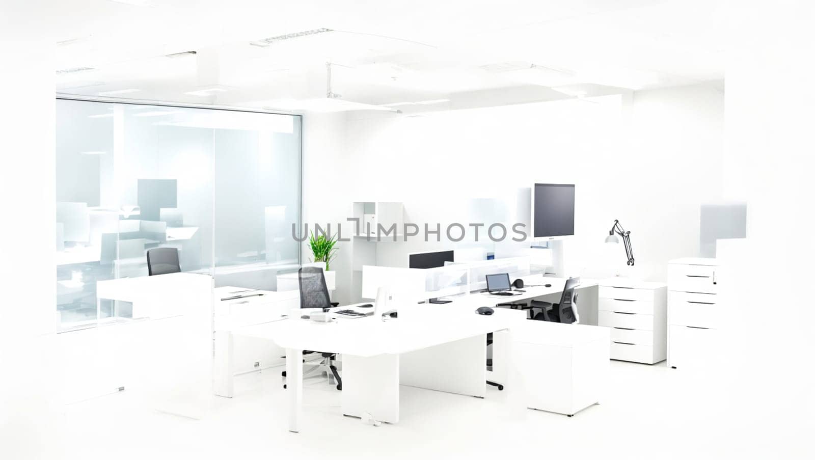 Nice office with glass doors, tables, chairs and plants. by XabiDonostia