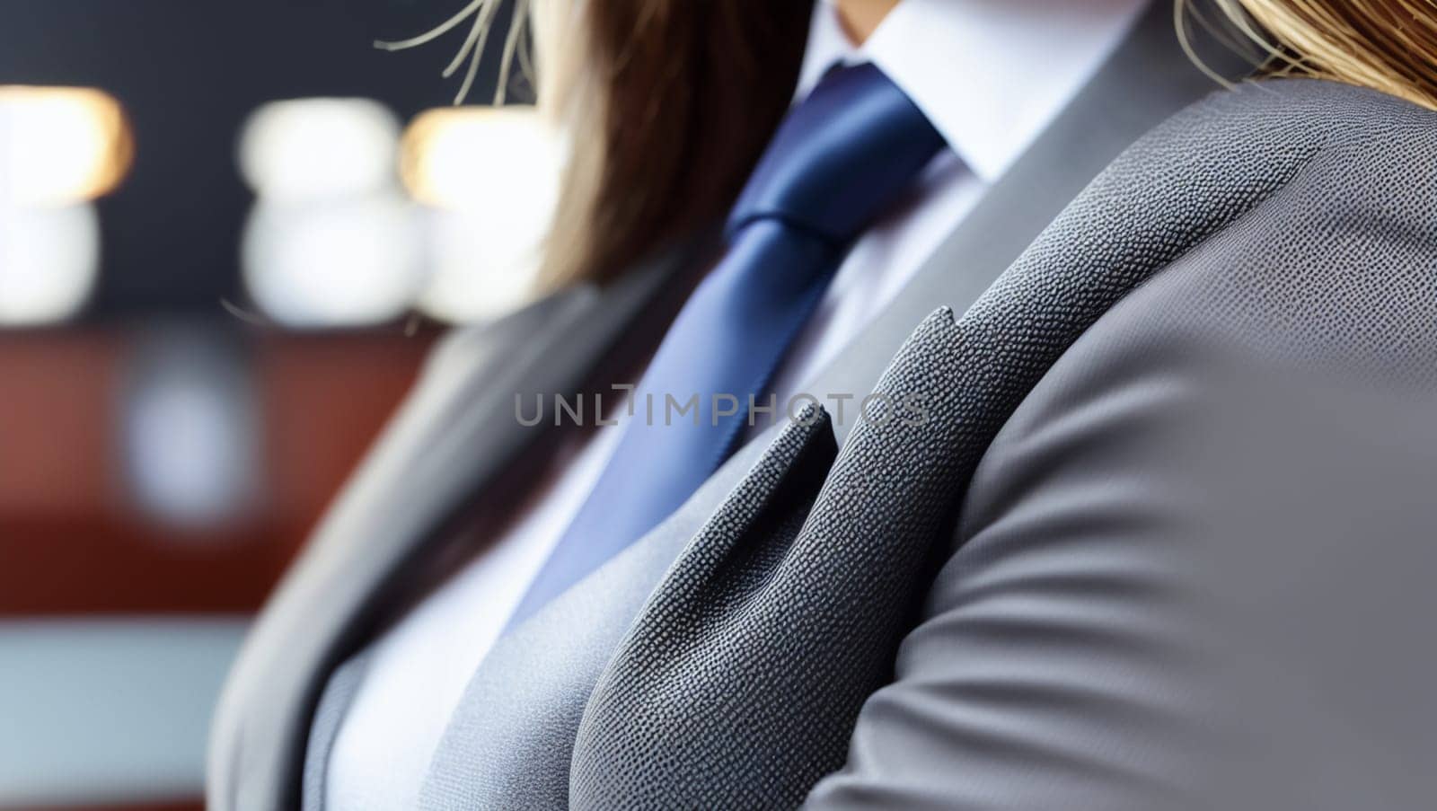 Elegant executive woman in jacket and blue tie at work. Generative AI.