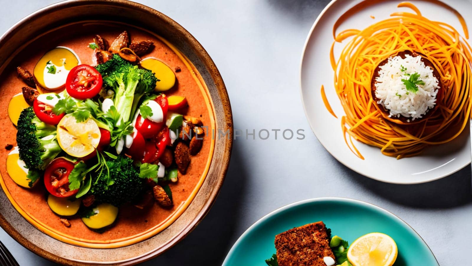 Prepared food dishes with pasta, vegetables and fish. by XabiDonostia