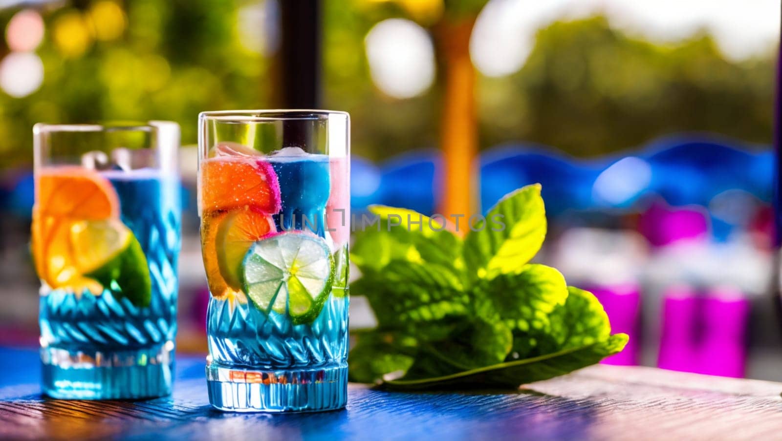 Refreshing beverages on the table of a colorful terrace. Generative AI.