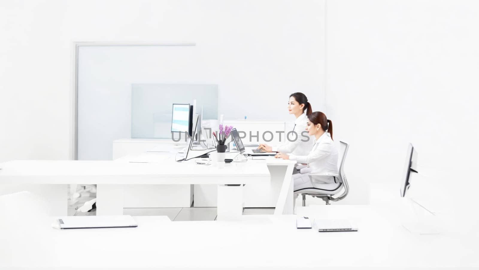 Modern office with 2 female workers in white suits. by XabiDonostia