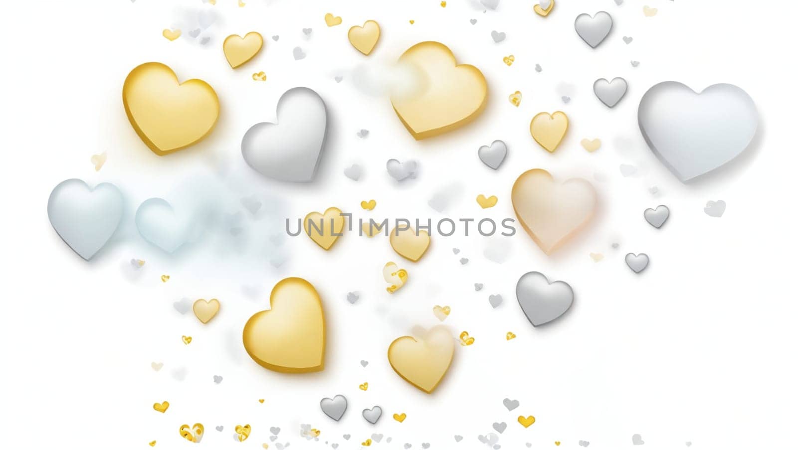 Beautiful hearts flying in gold and gray, cheerful. Generative AI.