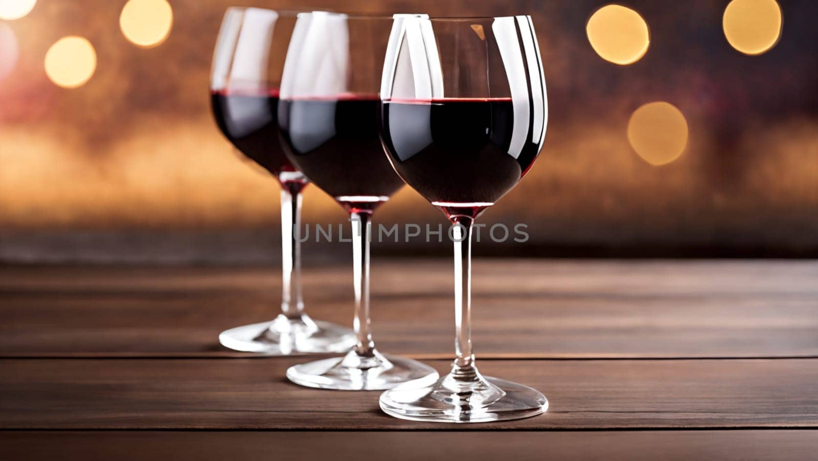 Detail of three clear crystal glasses of red wine on a dark wooden table. by XabiDonostia