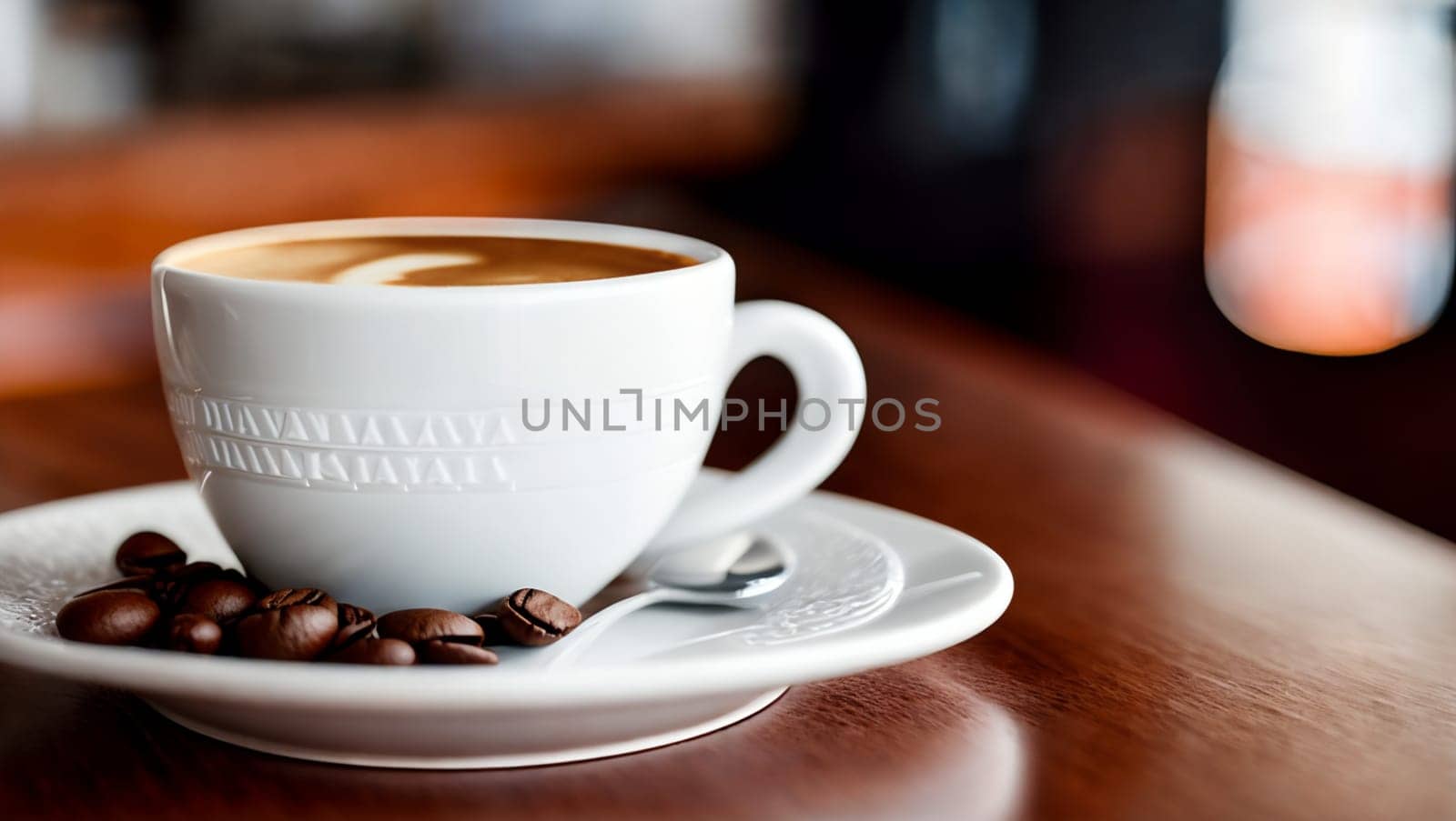 White plate, spoon and white cup of frothy coffee with milk accompanied by coffee beans placed on a dark wooden table. Generative AI.