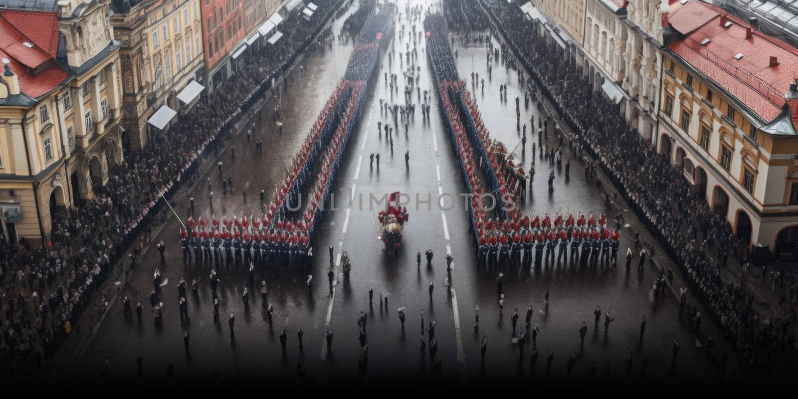 An aerial view capturing a bustling city parade, highlighted by a military procession.