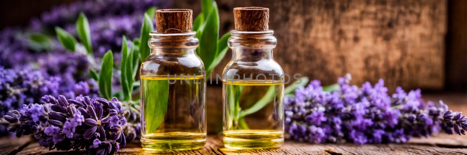 lavender essential oil in bottles. Selective focus. by yanadjana