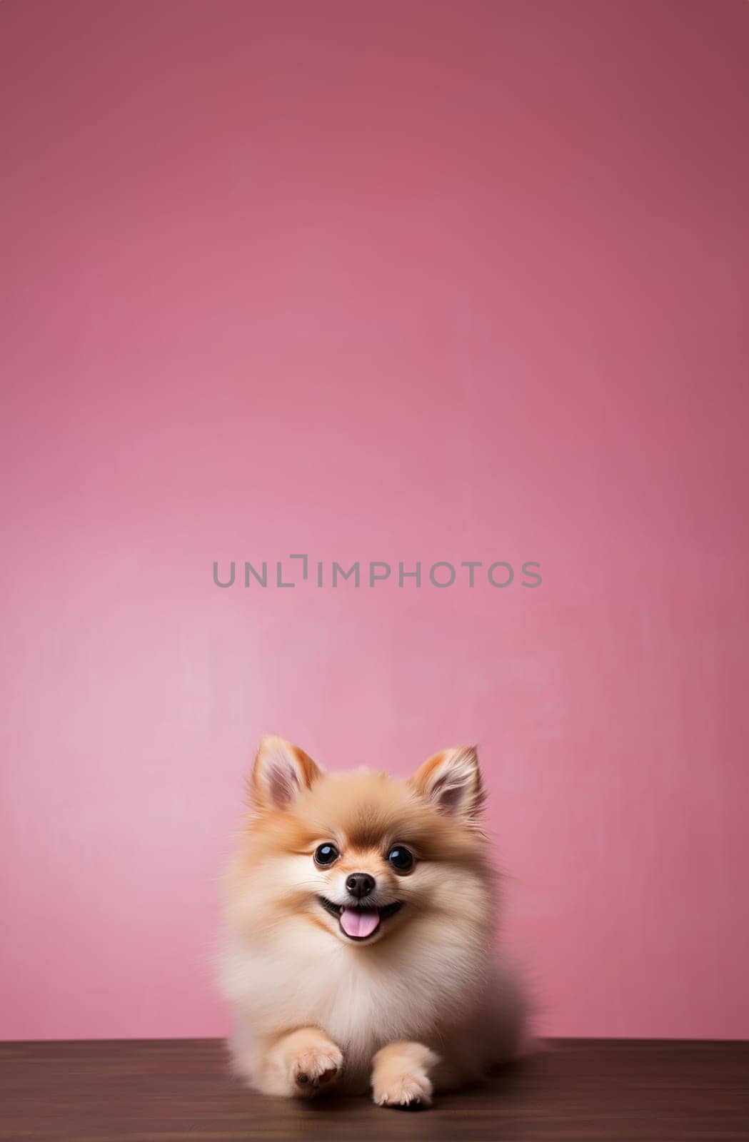Cute friendly red fluffy spitz dog showing tongue on pink background, favorite Easter pet, copy space, vertical, Generated AI