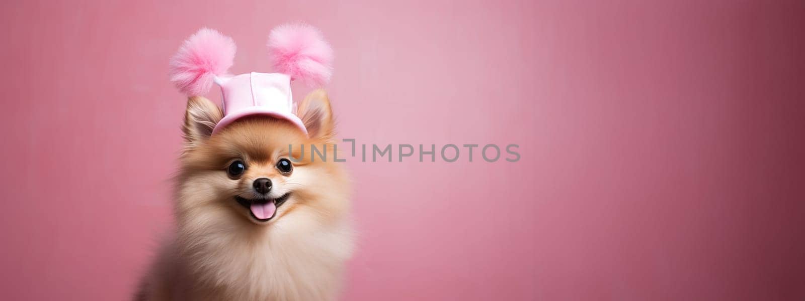 Cute friendly red fluffy spitz dog showing tongue with peach easter hat on pink background, favorite pet, copy space by KaterinaDalemans