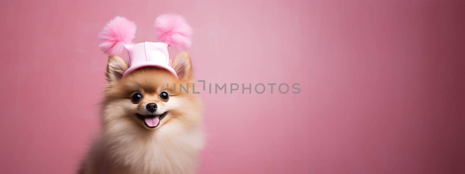 Cute friendly red fluffy spitz dog showing tongue with peach easter hat on pink background, favorite pet, copy space, Generated AI