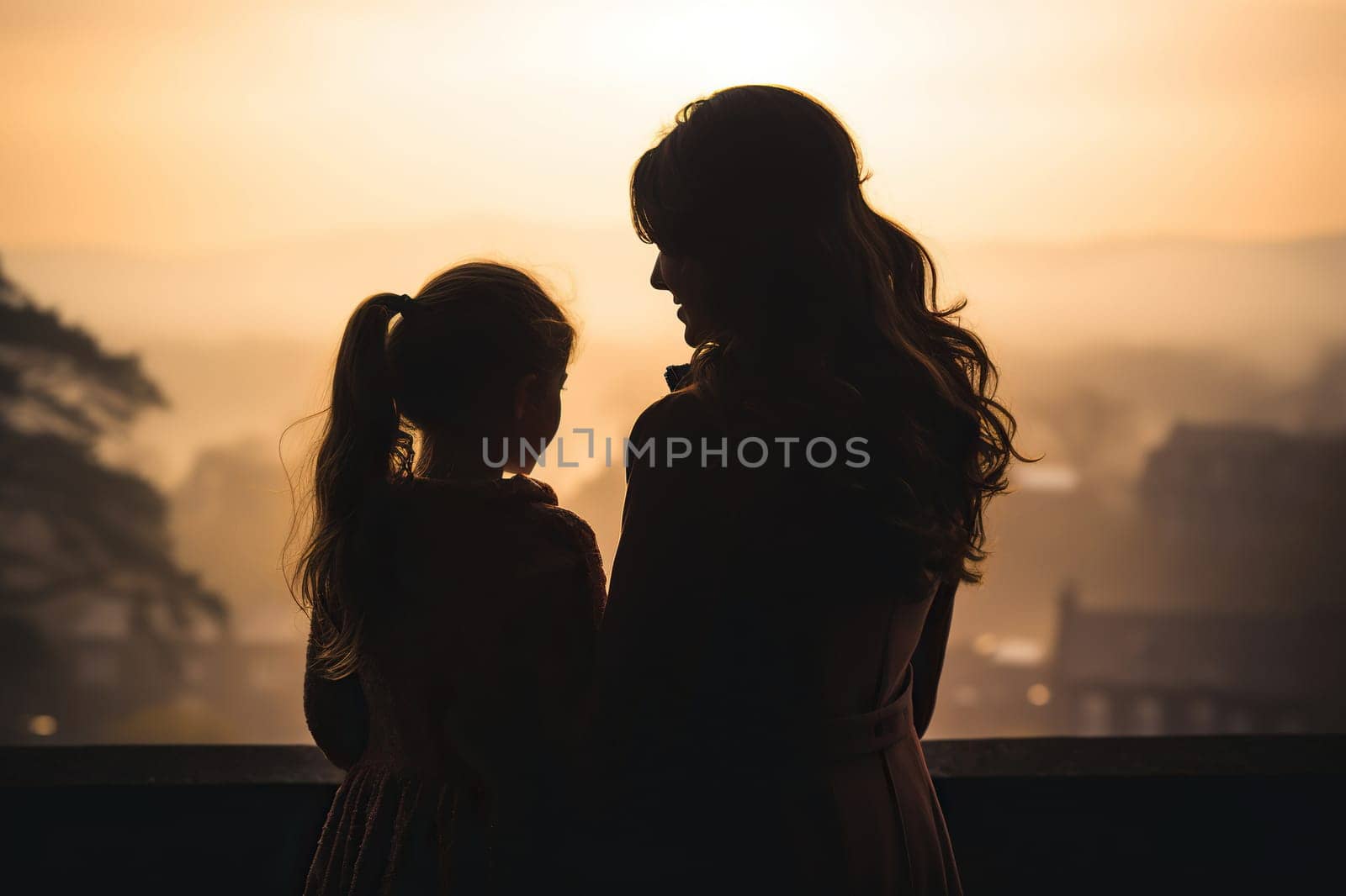 Silhouette of mother and daughter hugging each other in the sunset light. Generated by artificial intelligence by Vovmar