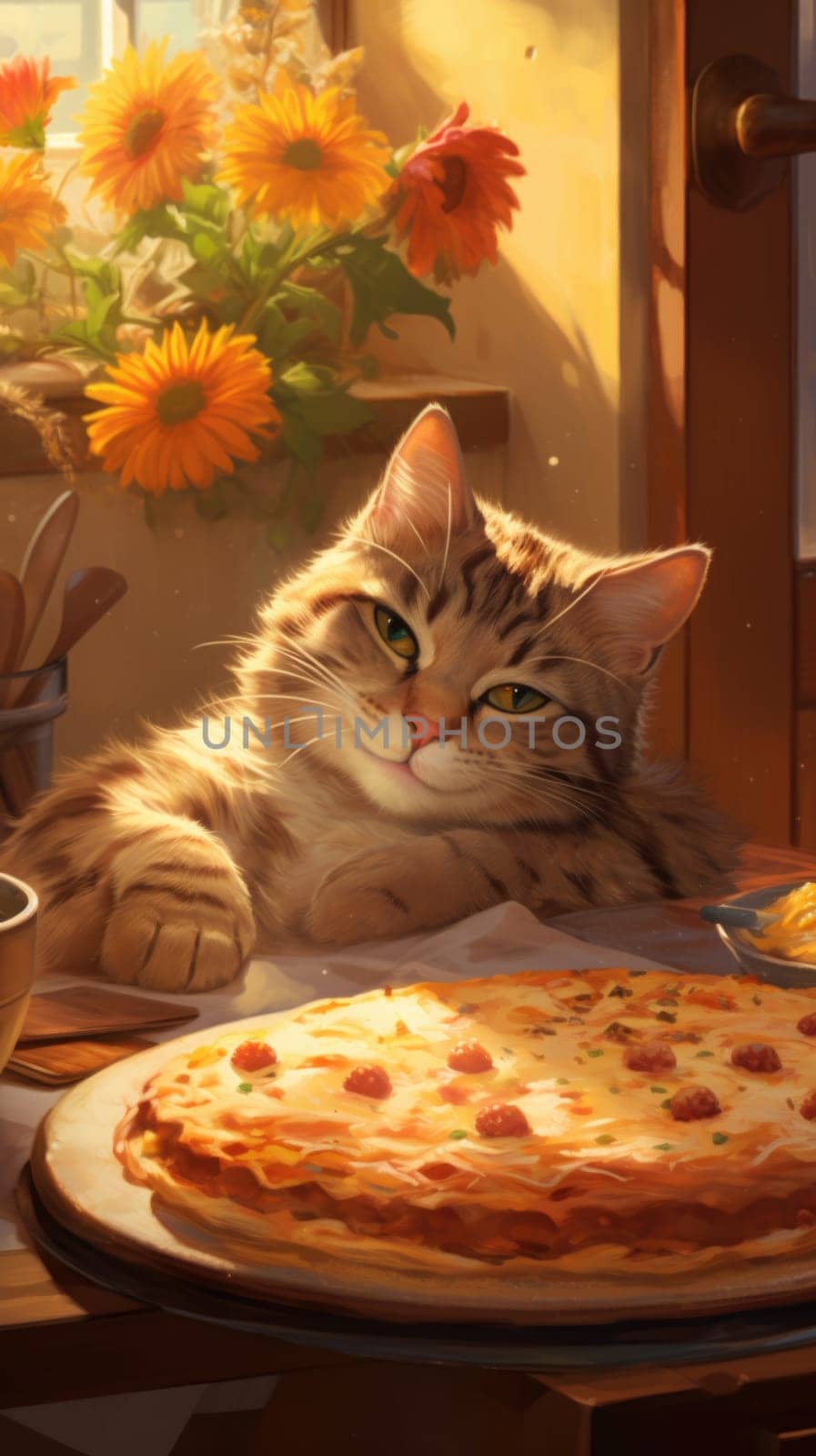 A cat, accompanied by a housewife, lounges on a table in the kitchen next to a freshly baked pizza.