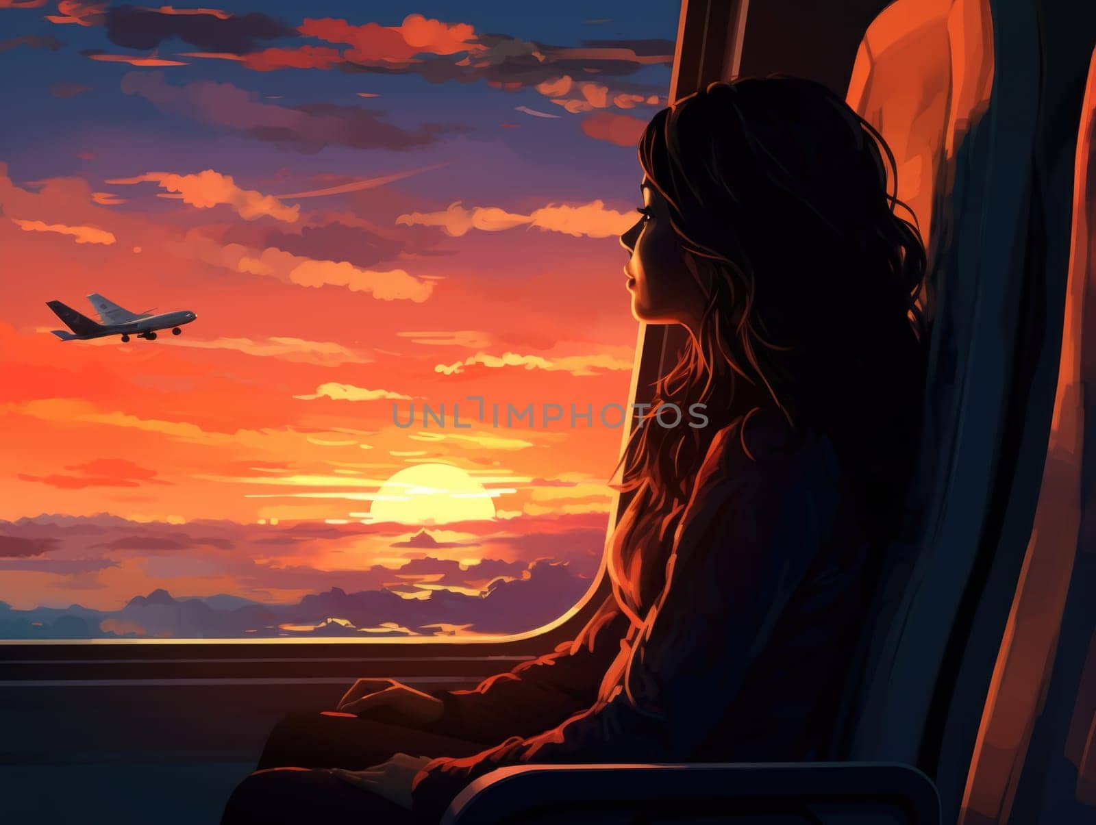 Woman Sitting on Train Looking Out at Sunset. Generative AI. by but_photo